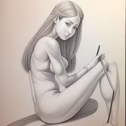 a woman sitting with a knife and looking down,a pencil drawing of a naked woman with a measuring tape