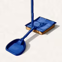 a blue shovel with wooden sides and a handle in the middle