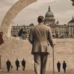 an elderly man wearing a suit and holding a cane in front of a large stone building
