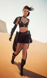 a woman is walking across a desert with large gloves