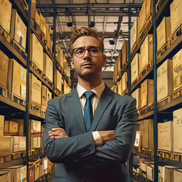 a man in a suit and tie standing next to shelves with boxes