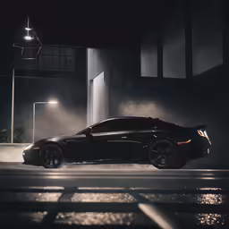 the car on the road with the fog coming up behind it