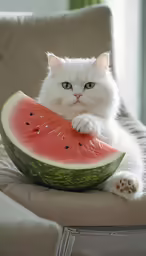 a white cat is eating a watermelon slice