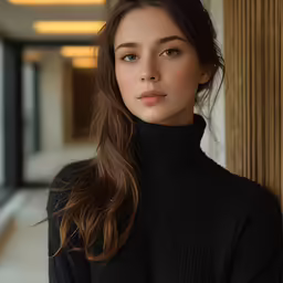 a woman with long brown hair leaning on a column