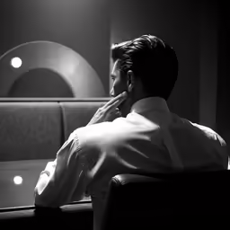 black and white photograph of a man in a suit looking at something on a phone
