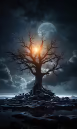 there is a tree in the foreground, with its roots and light in it
