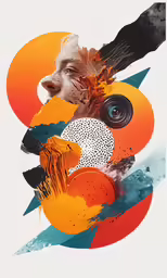 the face and eye of a woman with a large, black bird, surrounded by colorful circles