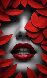 a lady with red flowers in her face