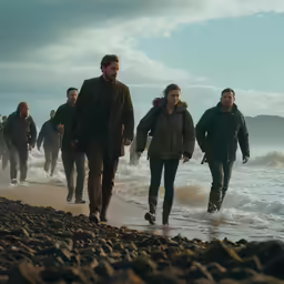 several people walk out onto the beach from the waves