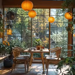 a table in front of a large window with several small chairs