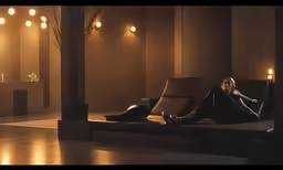 a woman in black dress sitting on a couch