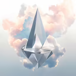 a silver diamond with clouds floating above it