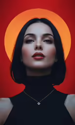 a woman in black dress posing for a picture with an orange background