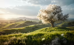 a lone white tree sitting on a lush green hillside