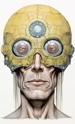a drawing of a man in a mechanical head