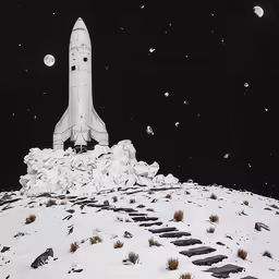 an illustration of a snow covered space rocket is flying