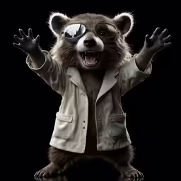 the rocket racoon is wearing a coat and goggles