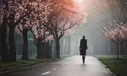 a person walking down the sidewalk in a park