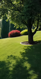 the tree is beside a sidewalk in the grass