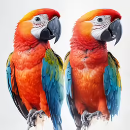 two colorful parrots standing next to each other