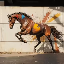 a horse painted in the colors of the flag running