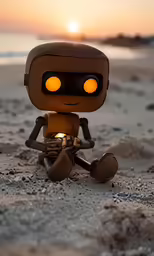 the sun is shining down on a strange little doll sitting in the sand