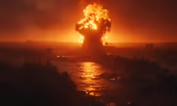 a huge object burning next to water in the evening