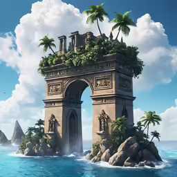 a digital painting of an island and bridge