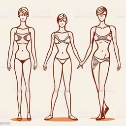 three female body types standing in a line,three different models in swimwear standing and standing on a white background