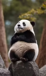 a panda cub rests on top of a boulder