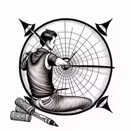 a drawing of a boy aiming a target with darts,a man in a vest holding a knife and aiming with an archery stick
