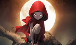a little red riding hoodie sitting on a branch with the full moon in the background