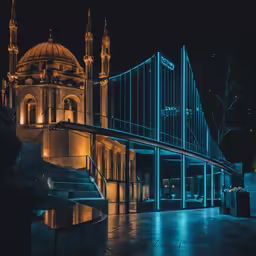 lights shine brightly over the city buildings at night