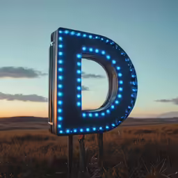 a sign in the middle of a field with blue lights