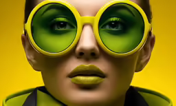 a woman with green glasses is shown for the camera