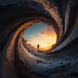 a man is in the middle of a rock formation with an intense sunset and sky behind him