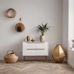 a white cabinet with brass handles and round decorations