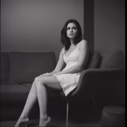a woman in a white dress sitting on a couch