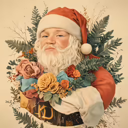 this is a portrait of santa claus holding a bouquet of flowers