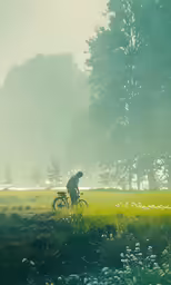 a person riding a bicycle through a field