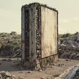 the old concrete box is surrounded by rocks