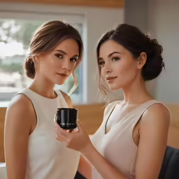 two woman holding a mug in a meeting room