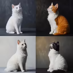 the four white and orange cats are posed in various poses