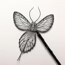 a white and black insect sitting next to a pen