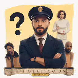 a poster advertising a tv show with a man dressed in uniform and woman in dress clothes