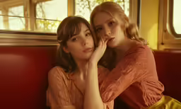two girls leaning their heads together while sitting on a train