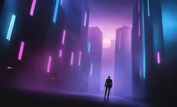 a man stands in an alley of neon colored buildings