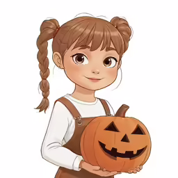 an animated little girl is holding a carved pumpkin