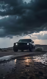 a ford mustang driving down a wet road
