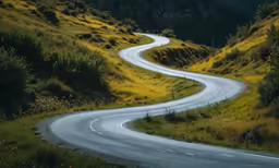 a winding road in a valley in the sunset
